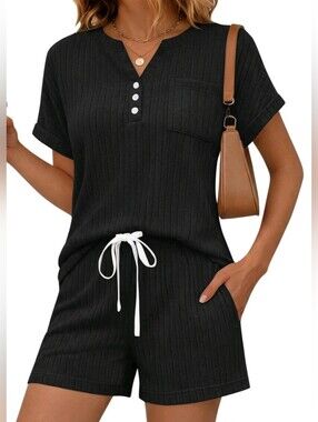 Yousify Black Textured 2 Piece Lounge Set Size Medium New With Tag